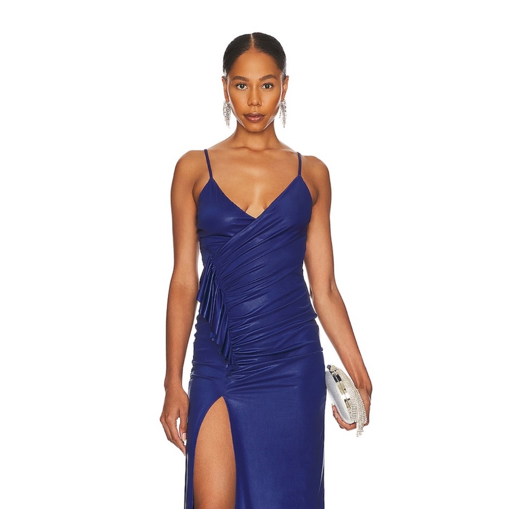 Long metallic blue navy dress with ruched waist detail